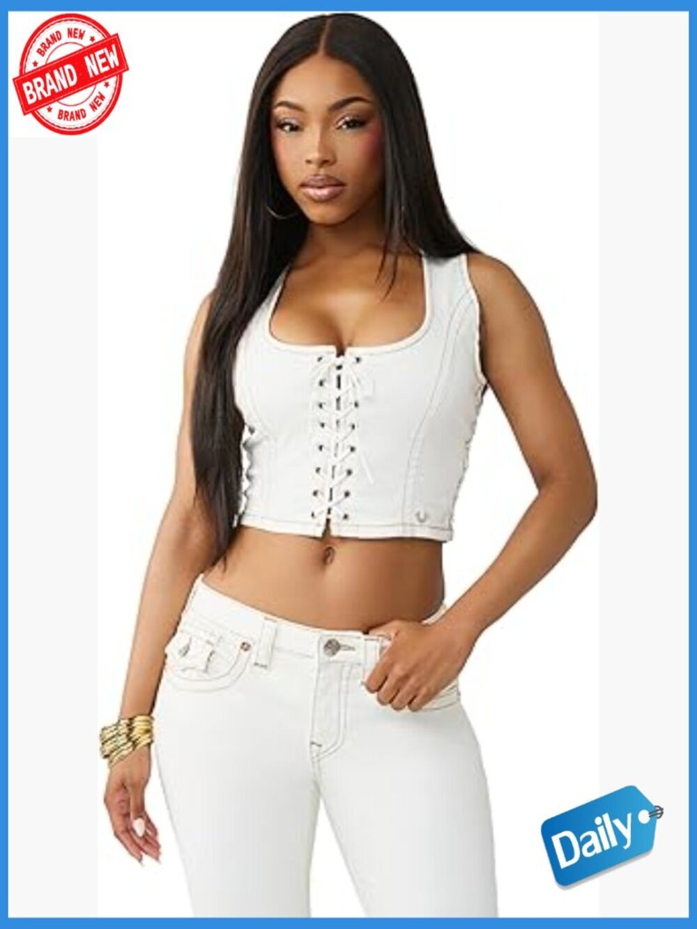 Cropped Lace Up Denim Vest with Horseshoe Details